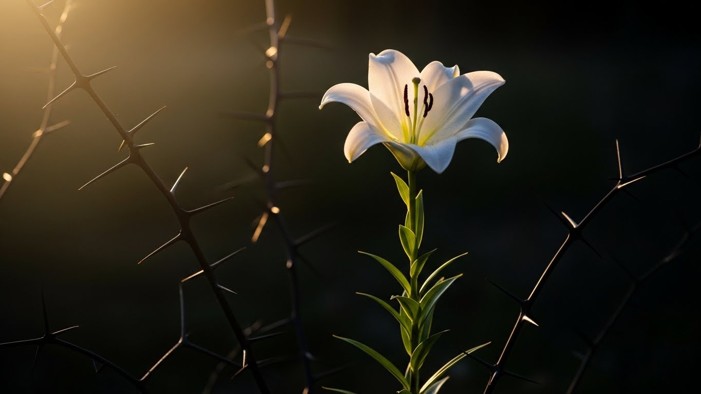 A white lily glowing in soft light, standing tall among sharp dark thorns, symbolizing faith and resilience.