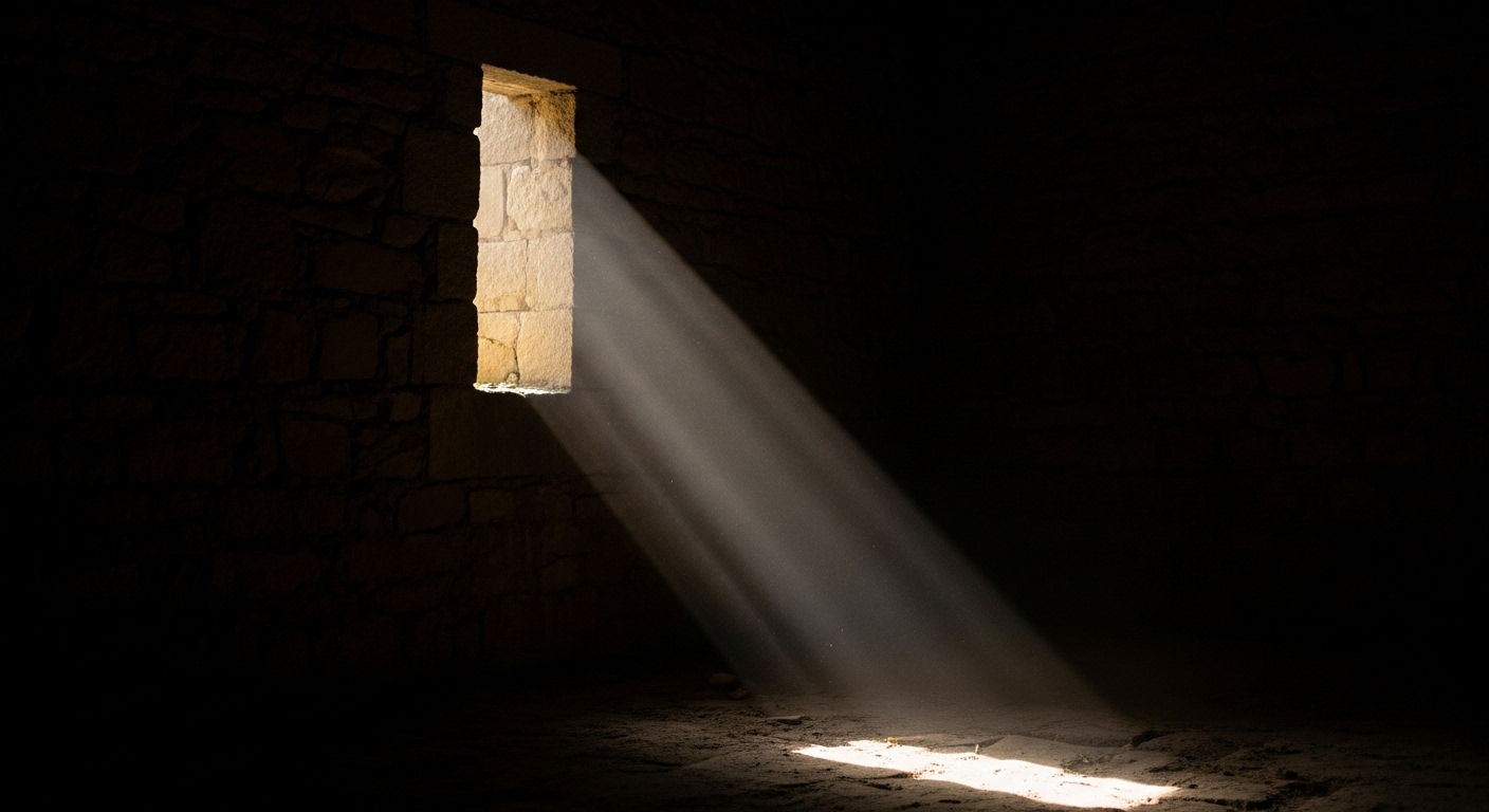 Beam of light entering a dark room through a small window, symbolizing God’s revelation, clarity, and truth