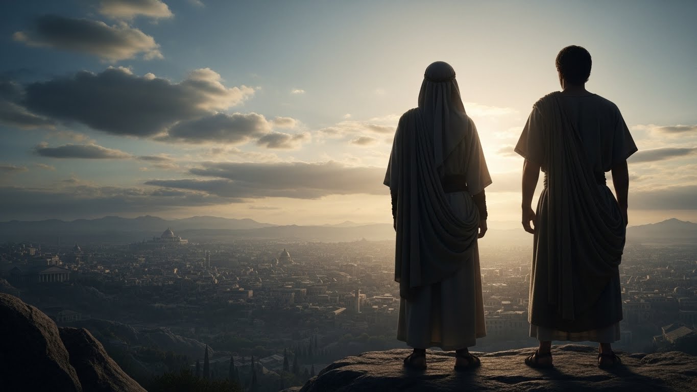 Two witnesses stand overlooking a city at dawn, symbolizing testimony, truth, and faith under pressure.