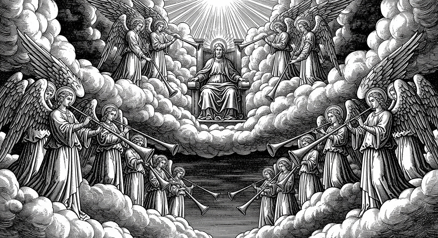Black and white biblical engraving of angels sounding trumpets before a heavenly throne in Revelation 8