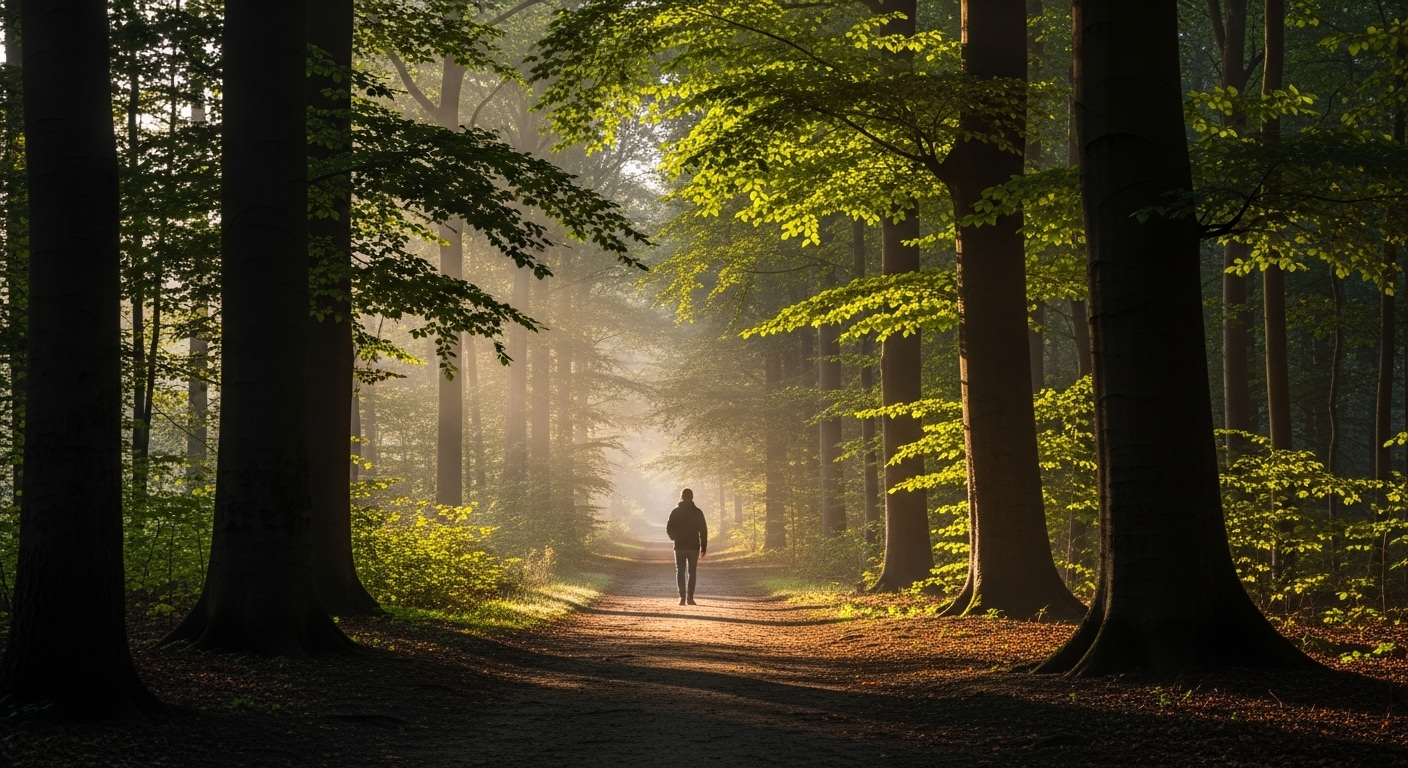 Person walking alone on a sunlit forest path surrounded by tall trees and soft morning light. Person walking alone on a sunlit forest path surrounded by tall trees and soft morning light.