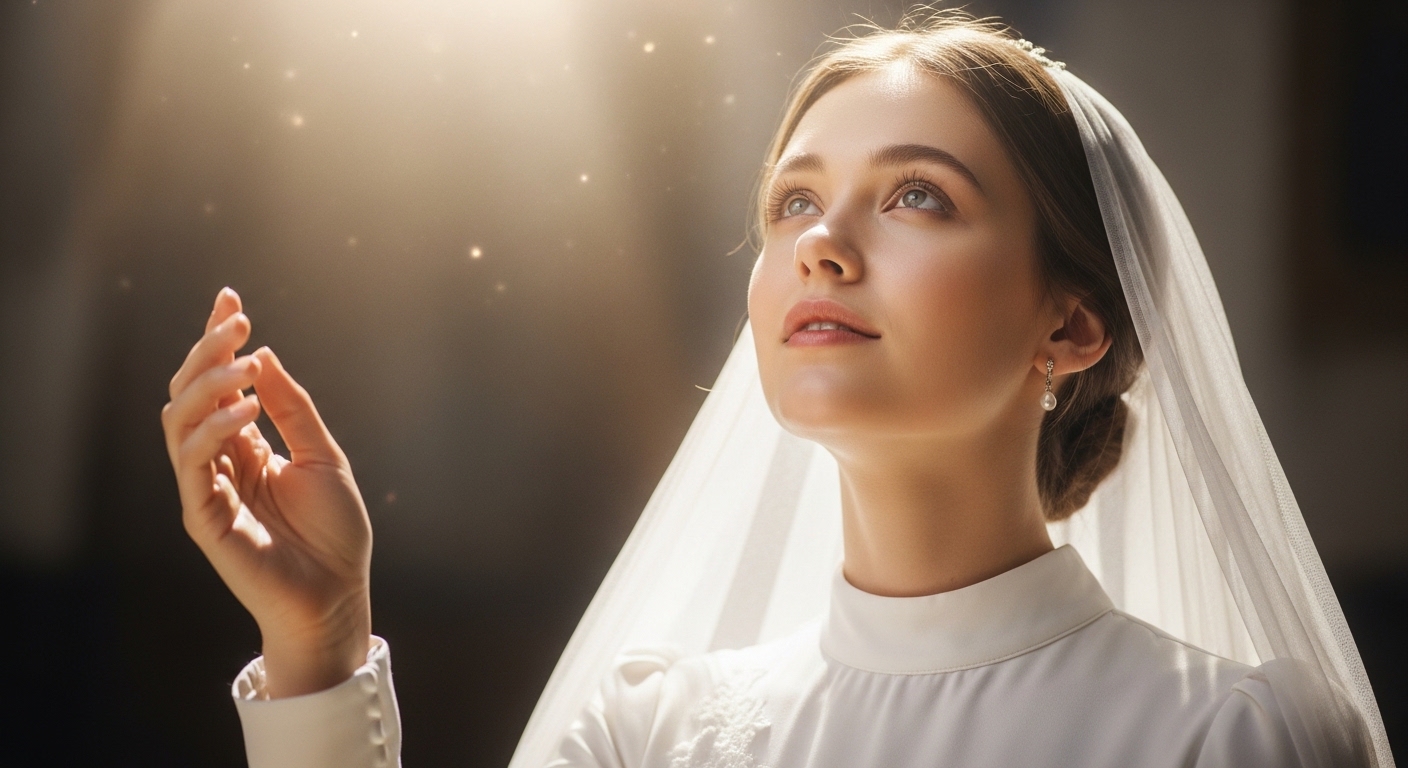 Bride in white veil looking upward in soft light symbolizing the Bride of Christ in Revelation Bride in white veil looking upward in soft light symbolizing the Bride of Christ in Revelation