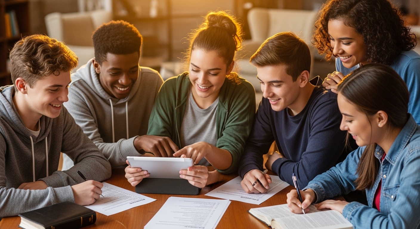 Youth group taking a Bible quiz together using tablet and study sheets in a warm setting