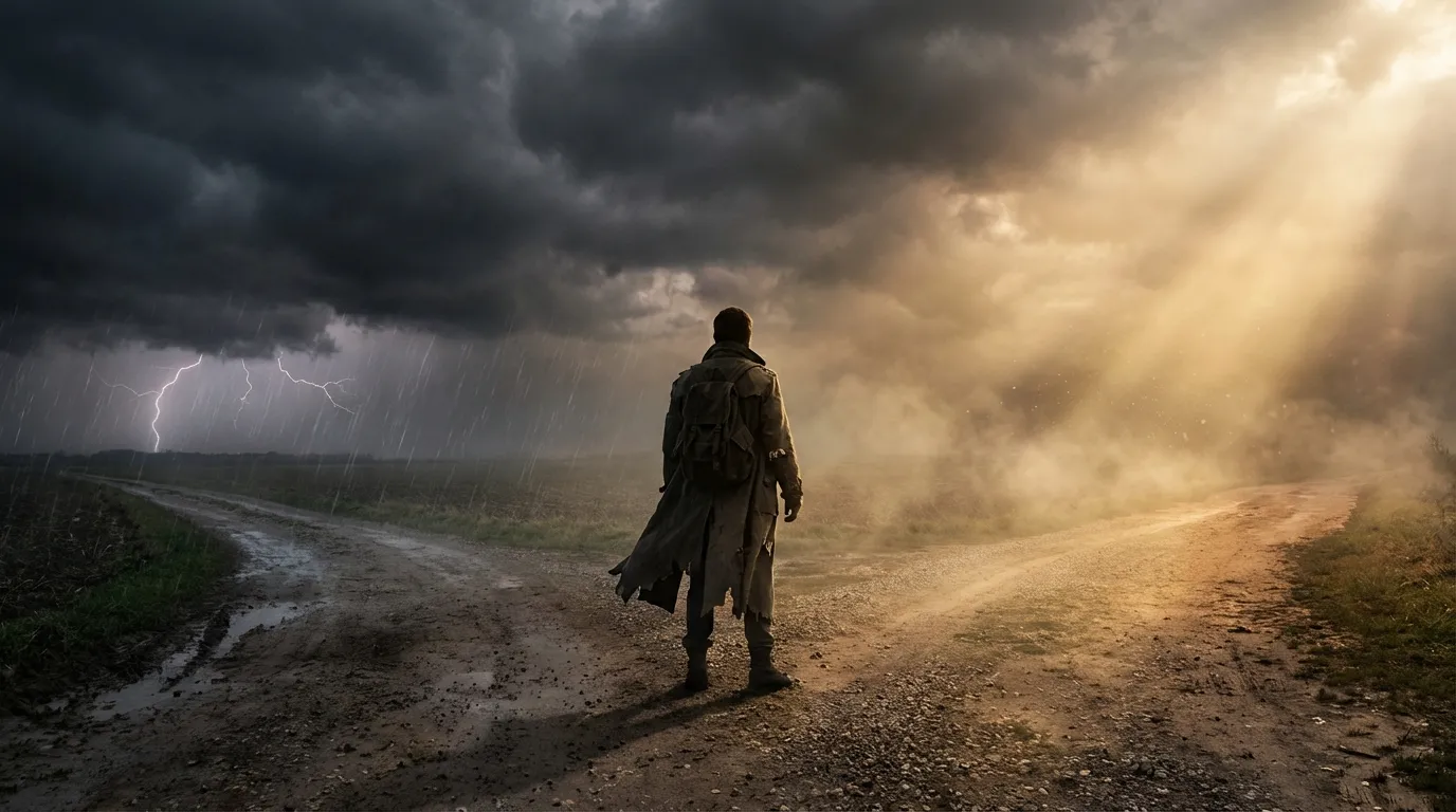 Person standing at a crossroads, dark storm on one side and light path on the other, symbolizing choice Person standing at a crossroads, dark storm on one side and light path on the other, symbolizing choice
